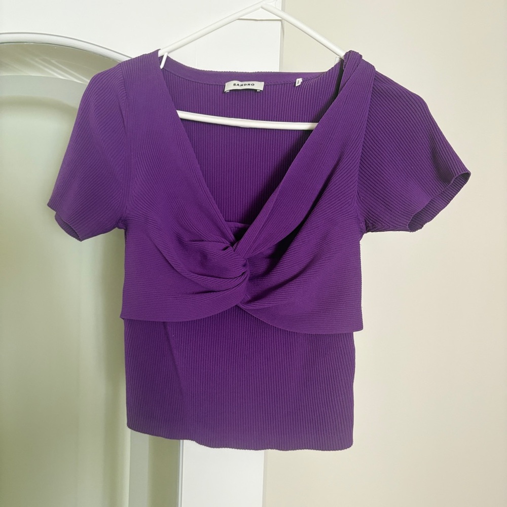 Sandro Purple Twist Front ribbed knit top